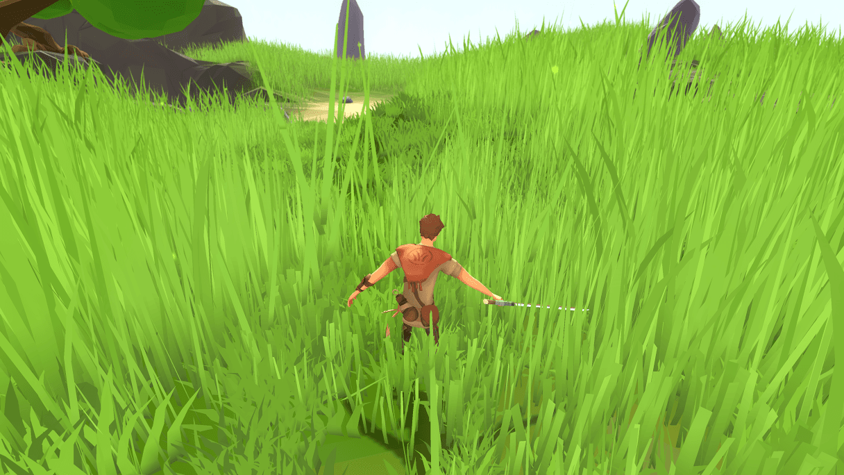 3D character swinging a blade through a dense field of procedurally rendered grass