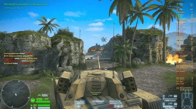 Renegade X multiplayer gameplay — vehicle combat on a tropical map with HUD and kill feed visible