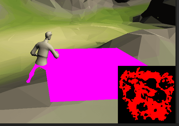 Debug view of the blade's cut collision volume alongside the channel visualization