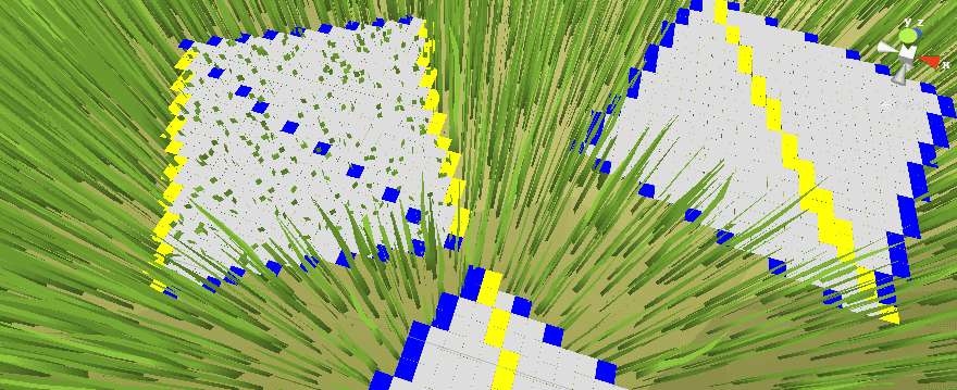 Debug view overlaying the splatmap's pixel grid on the rendered grass to check pixel size and placement