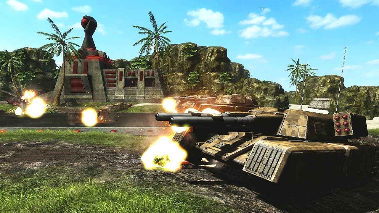Renegade X tank combat near a Nod base structure
