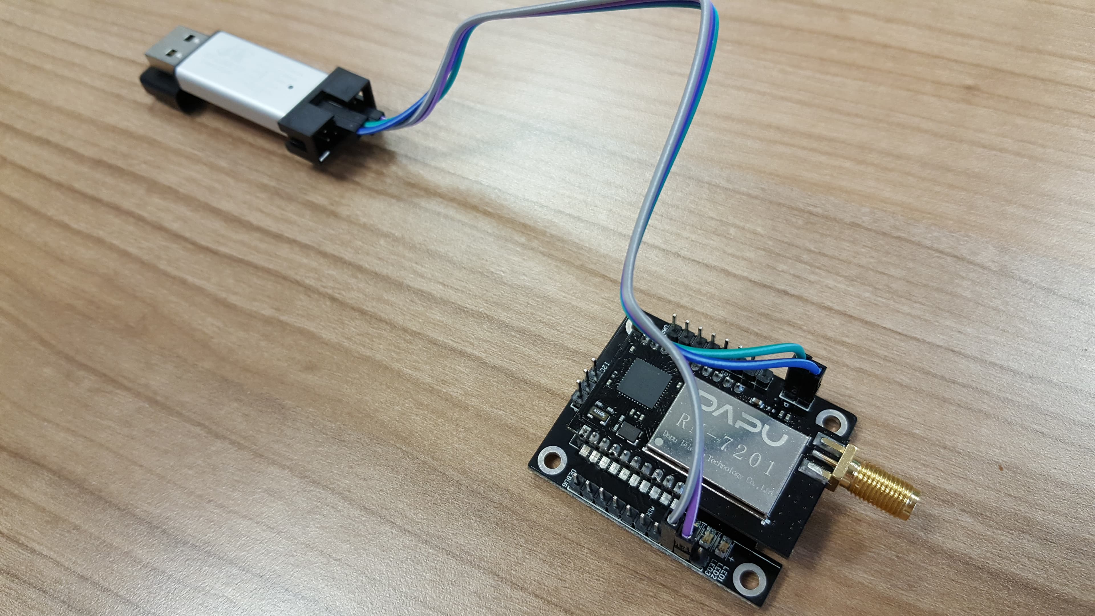 Close-up of the Dapu Telecom LoRa radio module mounted on a custom PCB